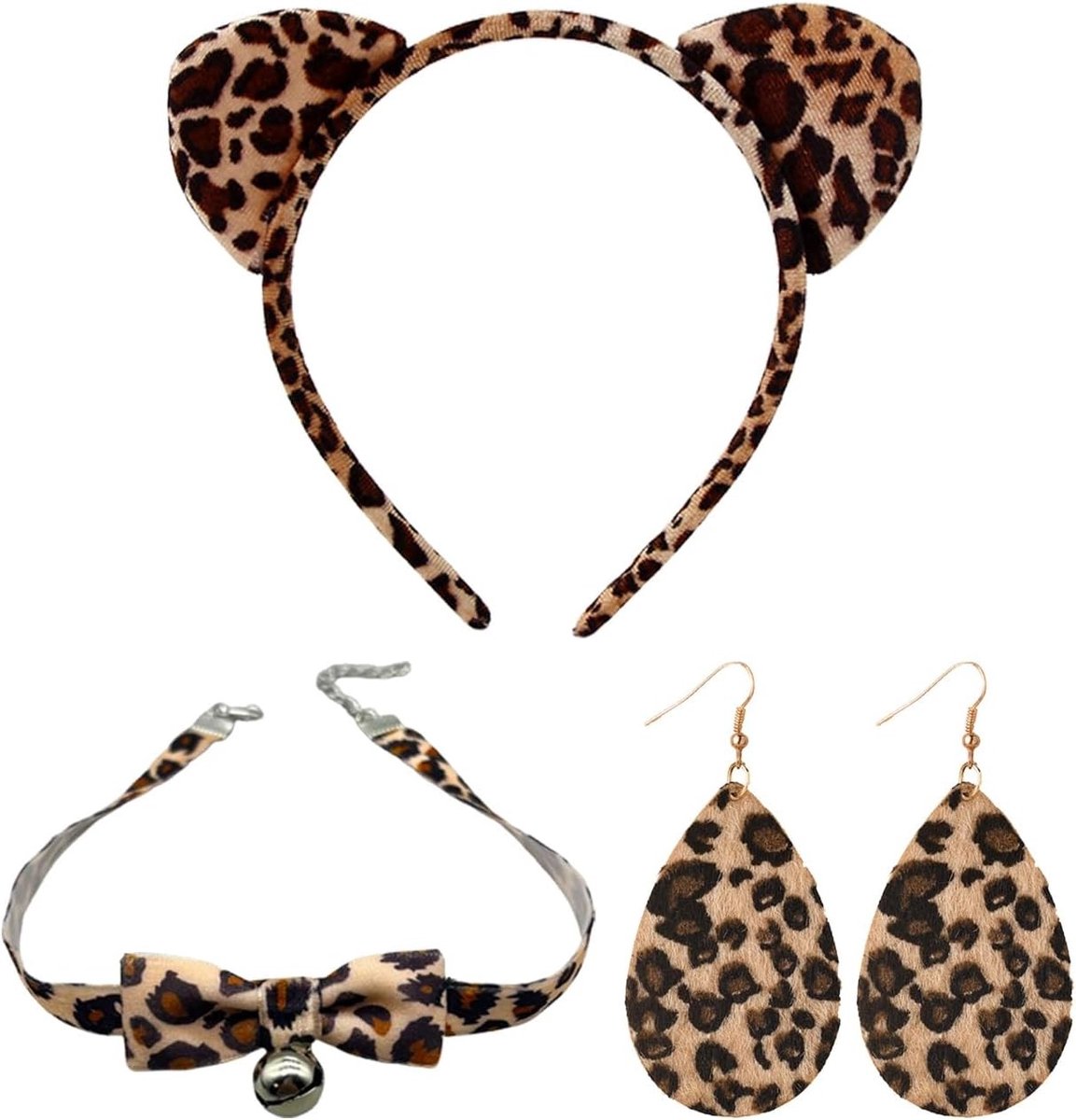 Leopardprint Kattenoren Hoofdband, Kraag en Oorbellen Set voor Feestjes en Rollenspellen, Geschikt voor Volwassenen en Dames