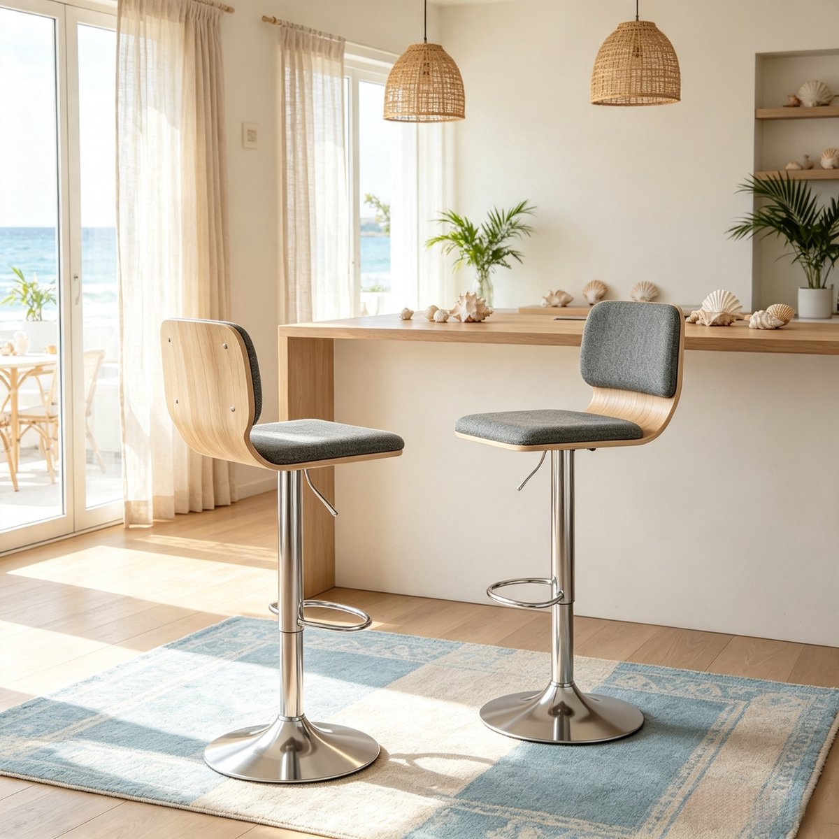 Barhocker Set Van 2 - 360 Graden Draaibaar En Hoogte Verstelbaar - Voor Keuken Eiland En Bar - Stof Grijs