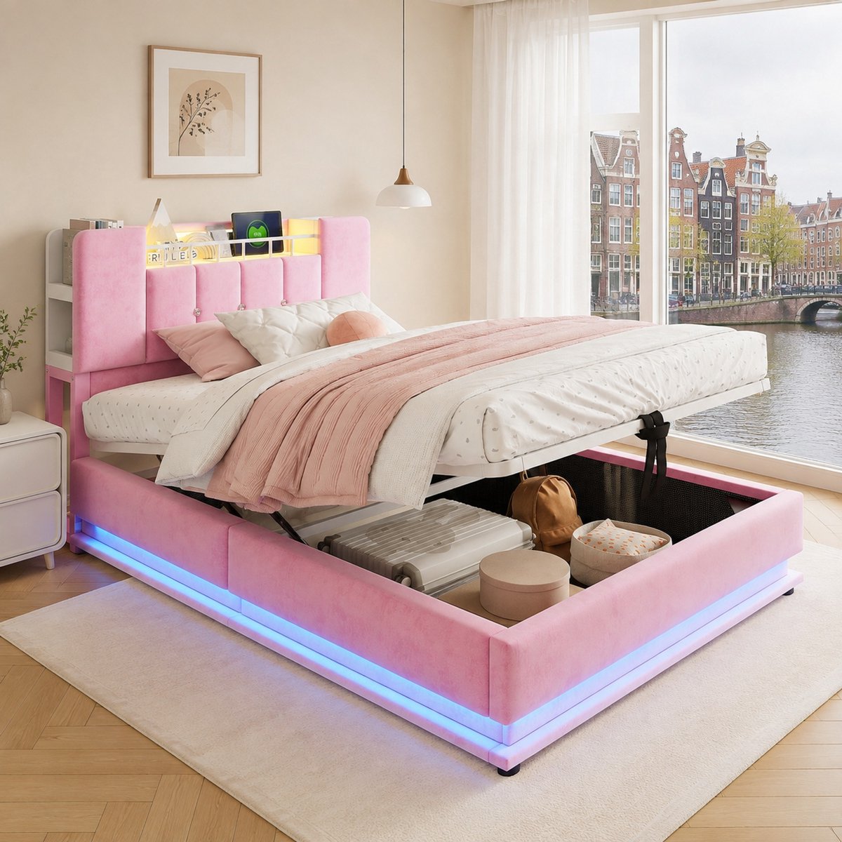 WUVRIE Kinderbed 90x200 cm met LED, USB en hydraulische opbergruimte, roze fluweel Pink