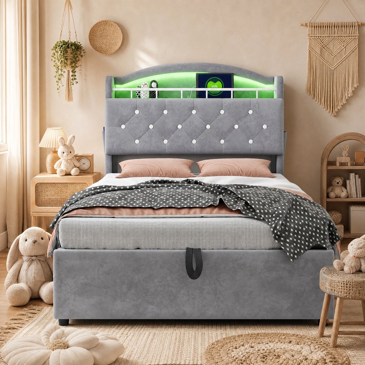COVREO Kinderbed met opbergruimte – 90x200 cm – Eenpersoonsbed met LED en USB-C – Gestoffeerd frame met metalen lattenbodem – Grijs - zonder matras