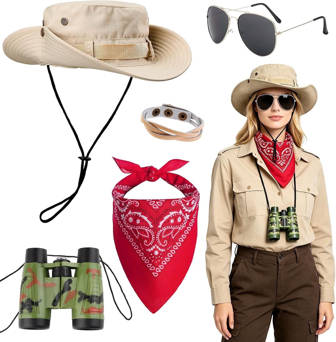 Safari Kostuum voor Dames - 5-delig Outfit met Hoed, Jurk en Accessoires voor Feestjes en Themapartijen