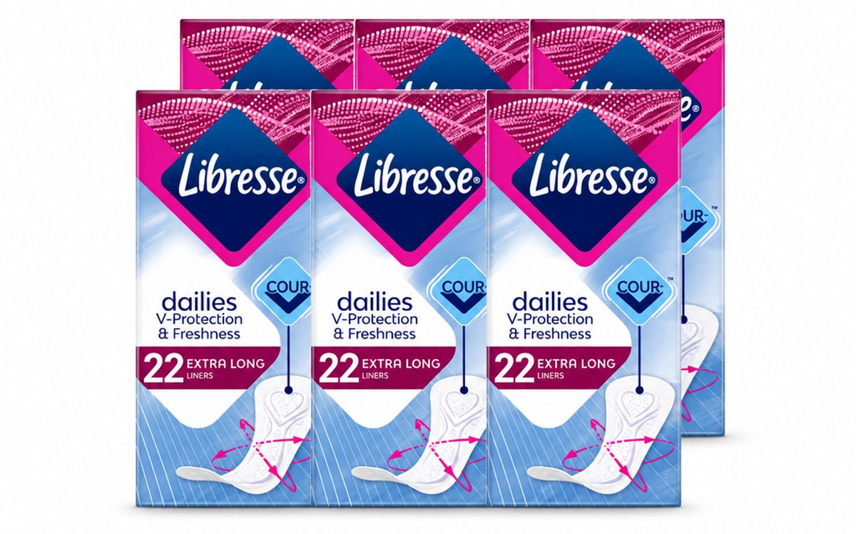 6 x Libresse – Inlegkruisjes – Extra Long – Langdurige bescherming – 22 Inlegkruisjes - Voordeelverpakking - 6 stuks