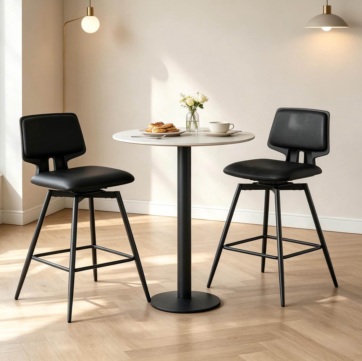 Barkruk Set Van 2 Ergonomische Rugleuning Draaibaar Kunstleer Metalen Frame Voor Keuken Bar En Woonkamer Zwart