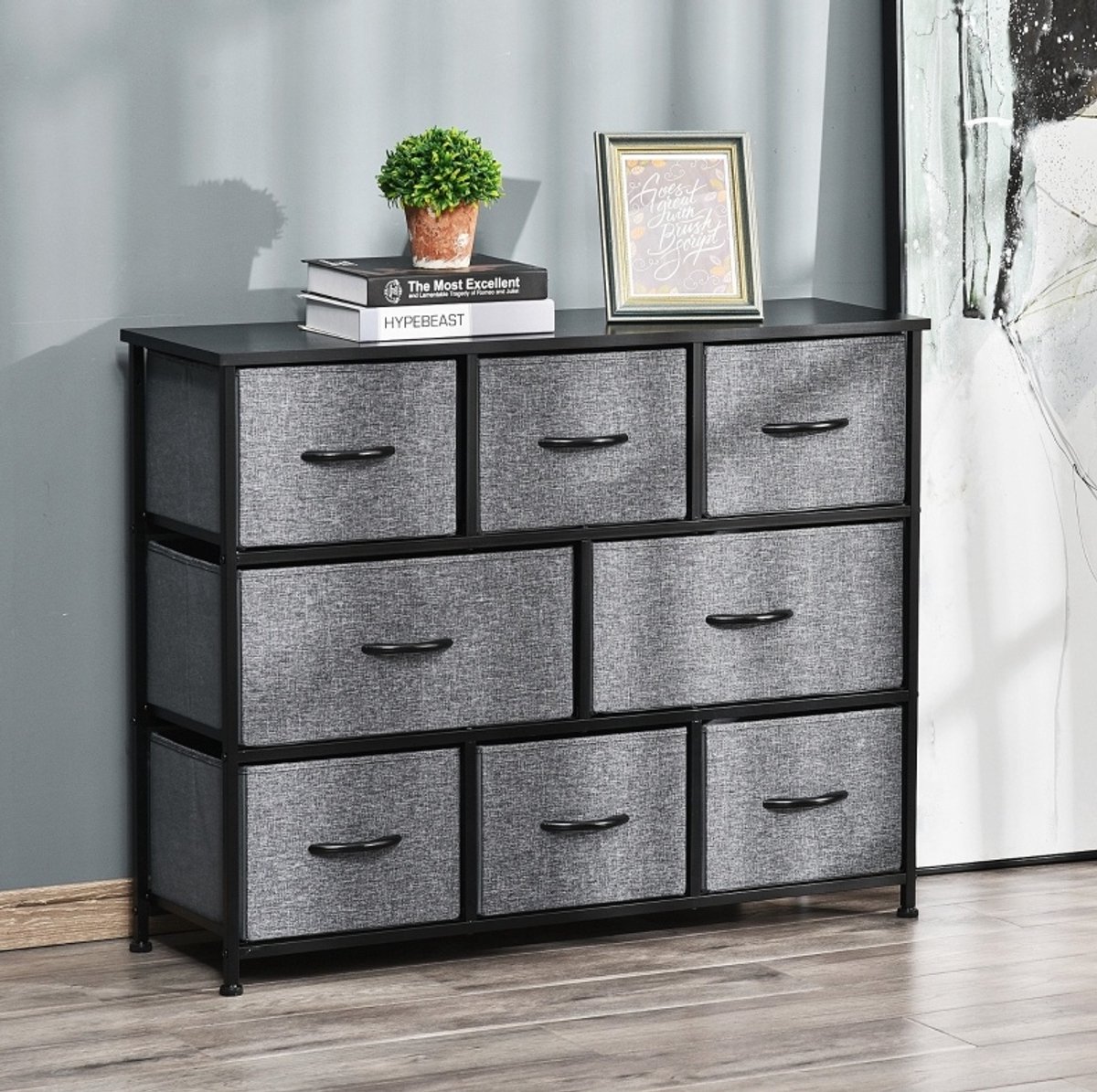 MODFU Ladekast-8 Stoffen Lades-Donkergrijs-Metalen Frame-Woonkamer-Slaapkamer