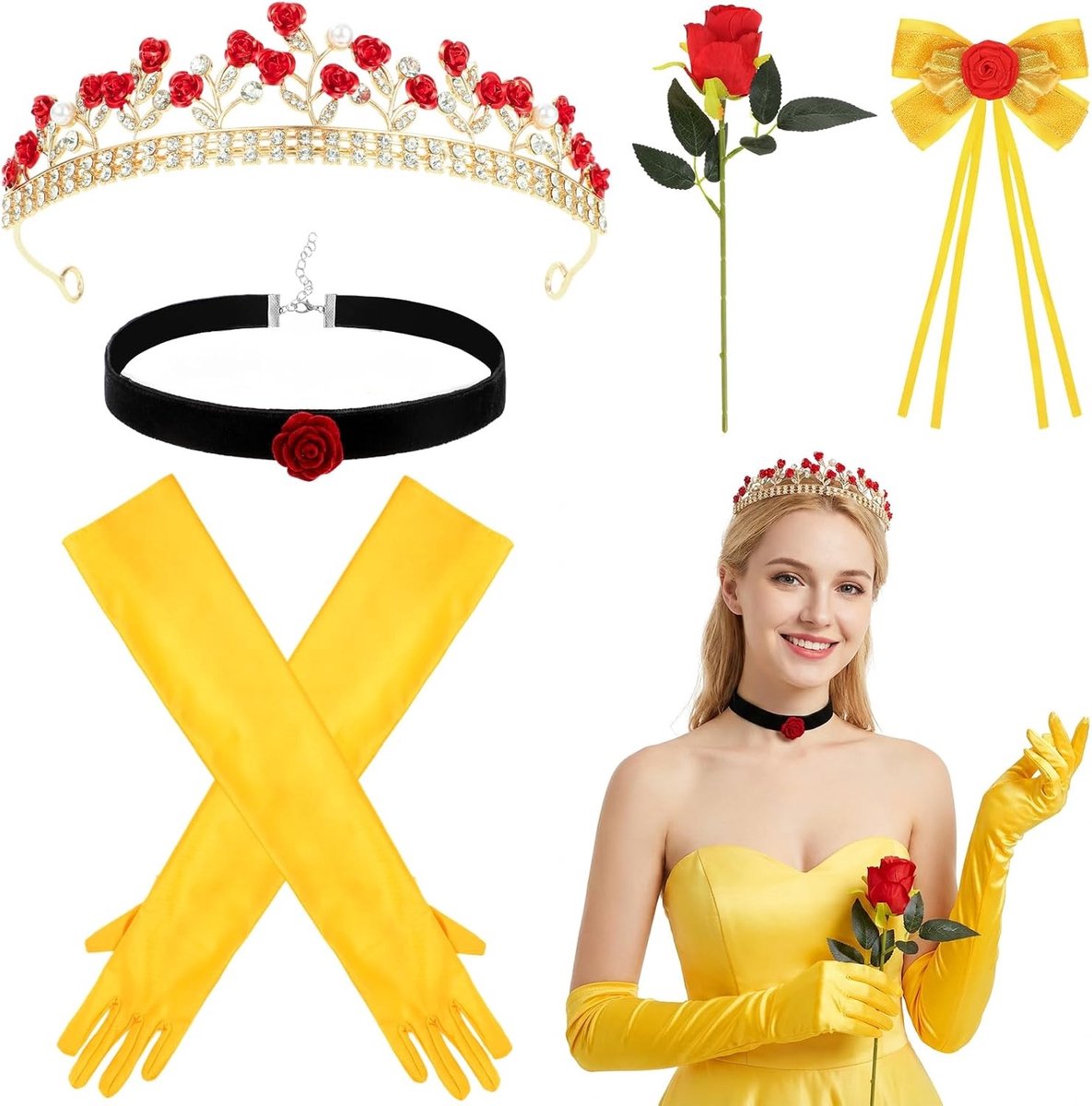 Prinsessen Kostuum Accessoires voor Halloween: Kroon, Handschoenen, Ketting en Rozen voor een Betoverende Look