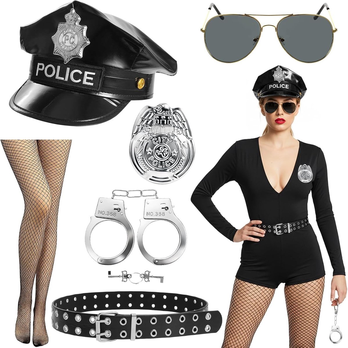 Vrouwelijk politie kostuum met hoed, handboeien, badge, netkousen en accessoires voor carnaval, themafeesten en Halloween