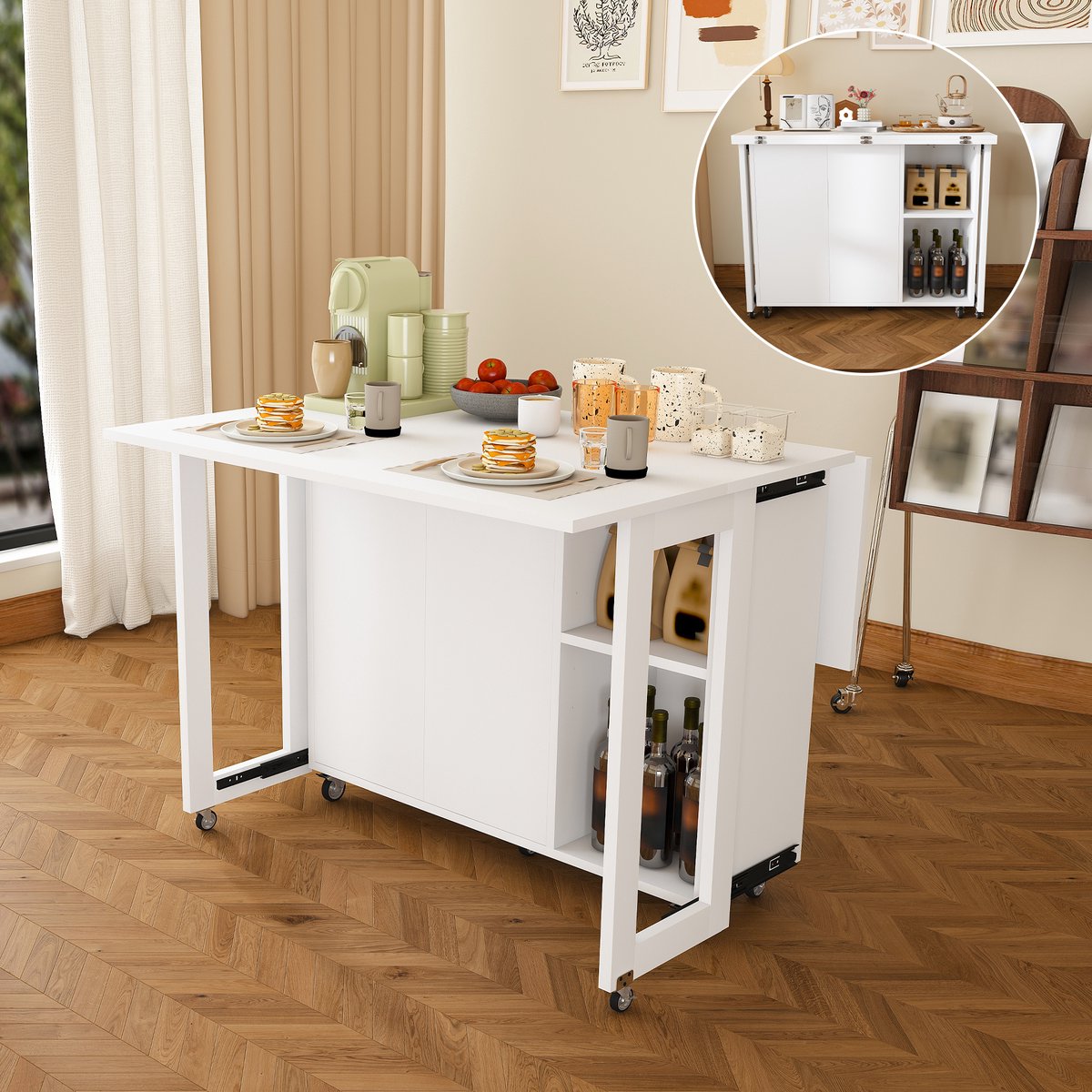 Inklapbare multifunctionele tafel wit - 360° vergrendelbare wielen - Gebruik als eettafel, sideboard en salontafel - Grote opbergruimte - Opvouwbaar ontwerp - Eenvoudig op te bergen