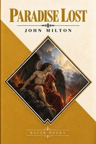 Livre 'Paradise Lost' de John Milton. Un ange ailé vêtu de rouge est assis sur un rocher, avec un ciel dramatique.