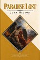 Livre 'Paradise Lost' de John Milton. Un ange ailé vêtu de rouge est assis sur un rocher, avec un ciel dramatique.