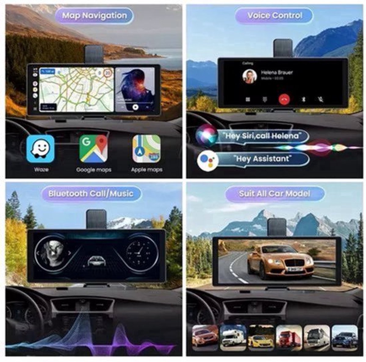 Dashcam voor Auto - 10.26” 4K Dashcam – CarPlay & Android Auto – 350° Rotatie – 6M AHD Achtercamera – Nachtzicht & Rijassistentie - Zwart