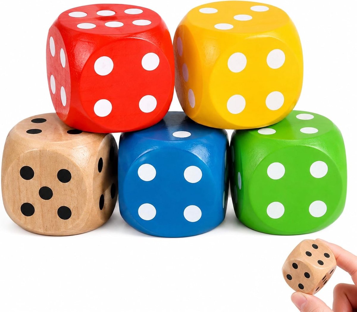 Set van 5 houten dobbelstenen van 3 cm met afgeronde randen, ideaal voor bordspellen, feestspellen en educatieve spellen, kleurrijke en duurzame speeldobbelstenen