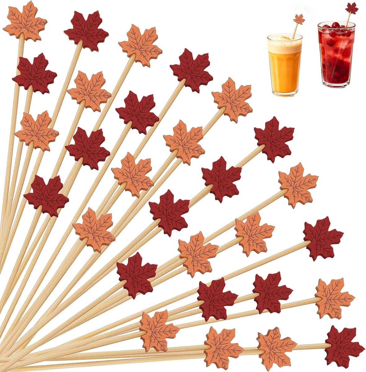 Decoratieve tandenstokers van esdoornblad voor aperitief en cocktails, 13 cm, ideaal voor herfstfeesten, fruit en dessertdecoraties, 100 stuks