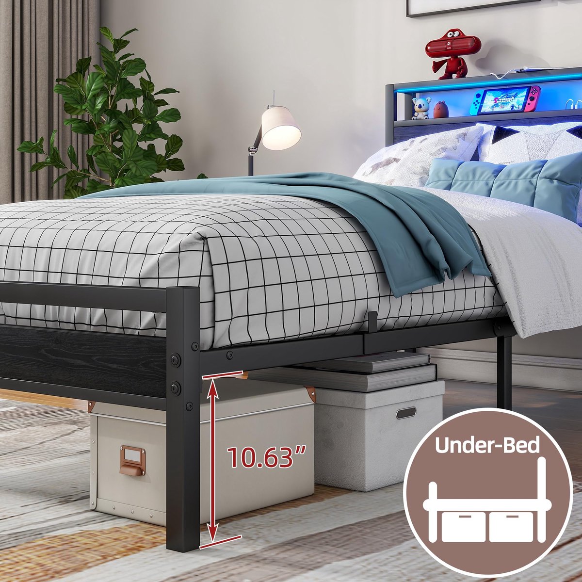 WUVRIE Bed 90x200 cm met metalen frame, opbergvakken, USB-lader en LED, zwart