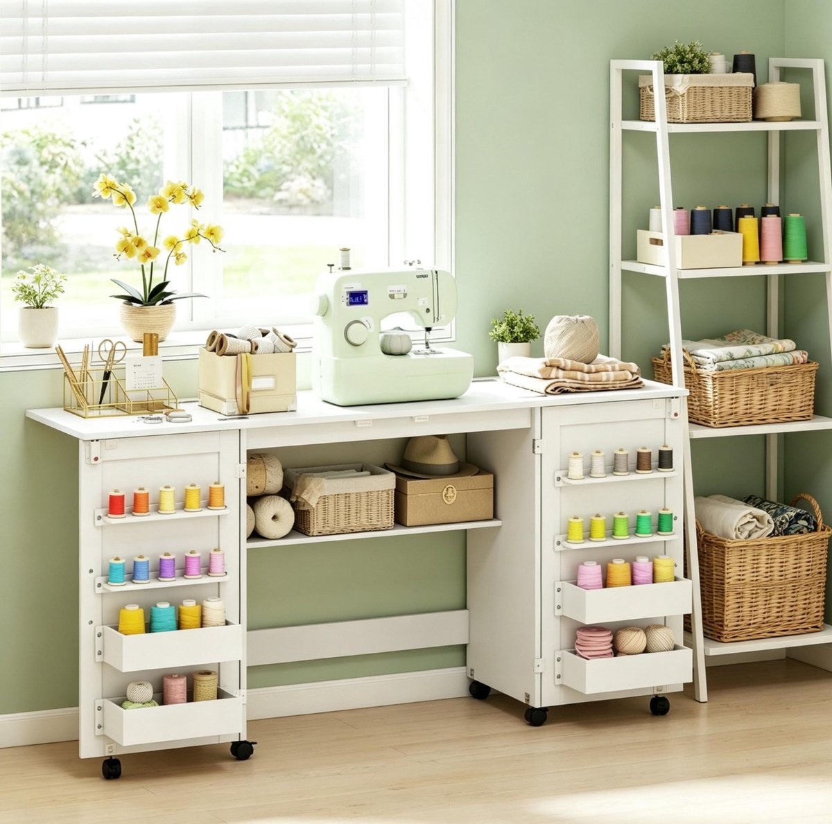 OKWISH Naaitafel Bureau – Uitklapbaar Met Opbergruimte En Wielen – Voor Hobbykamer En Thuiskantoor – Spaanplaat Wit – 160x40x81,5 cm