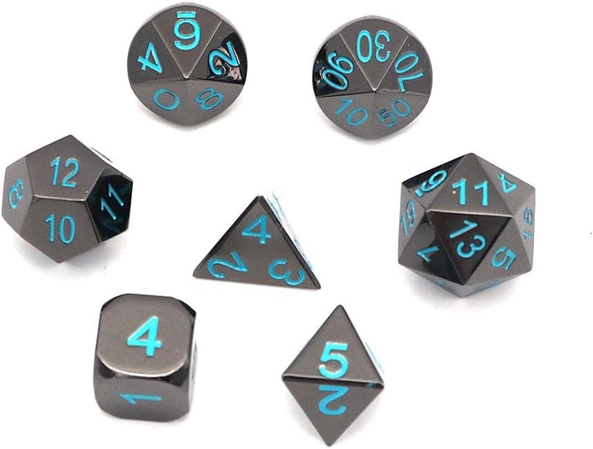 7-delige polyhedral dobbelstenen set voor D&D, solide metaal met opbergtas en zinklegering emaille voor rollenspellen en Dungeons & Dragons (Antiek Zwart)