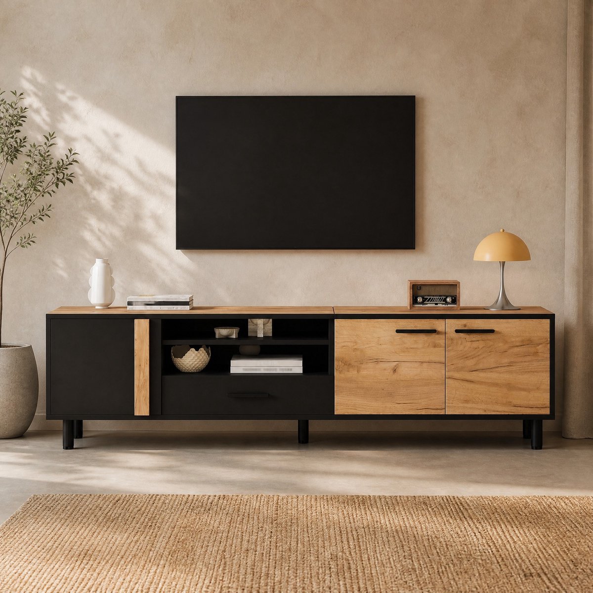MODFU - Tv-Meubel - Met Schuiflade - Zwart Hout