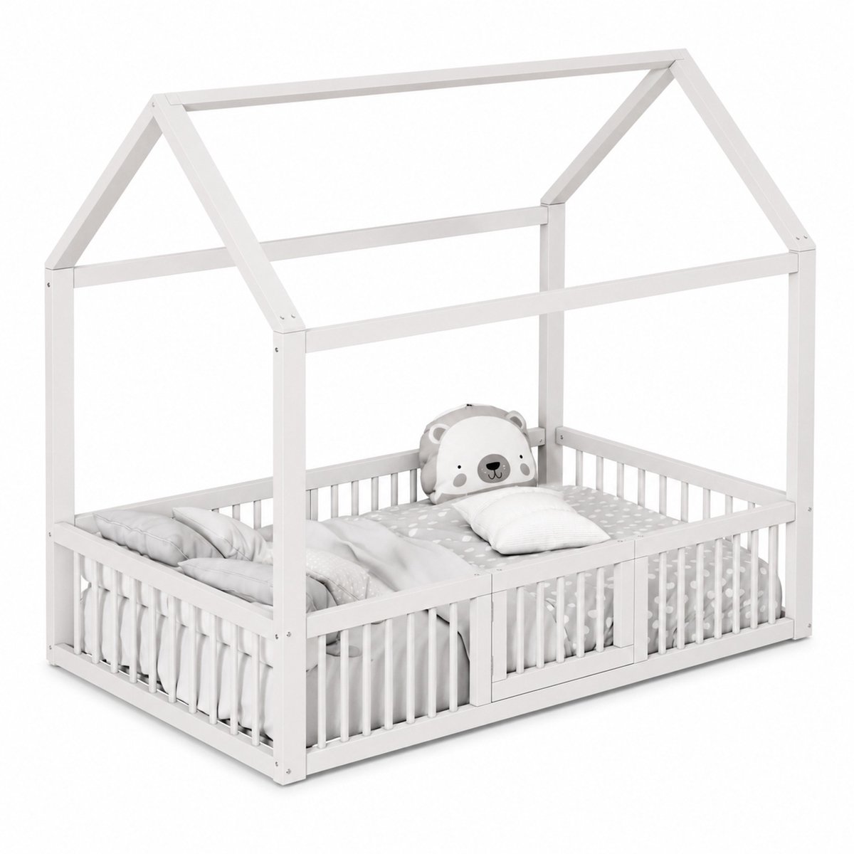 WUVRIE Kinderbed huisbed 90x200 cm met veiligheidshekken, deurtje en witte houten afwerking
