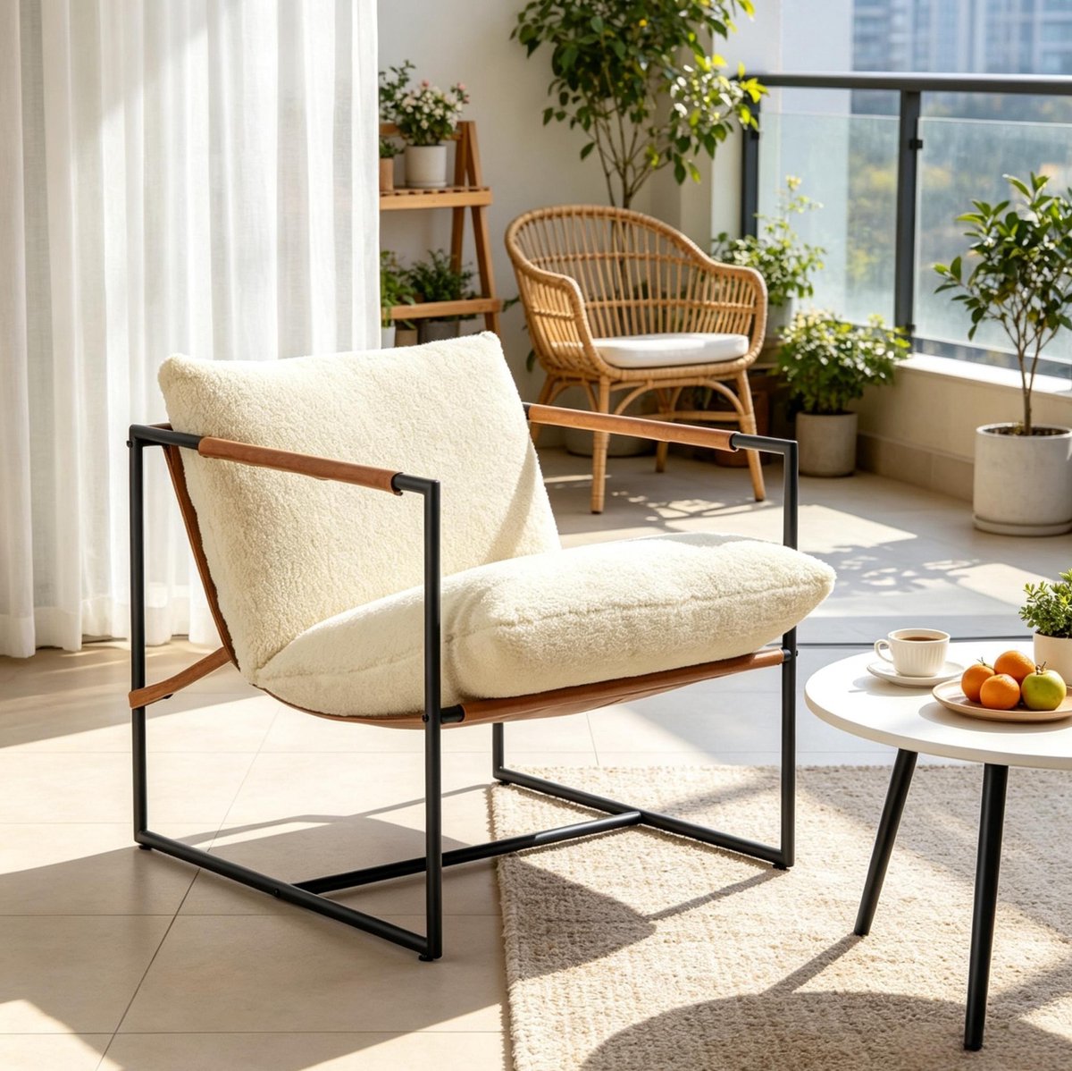 REDOM - Fauteuil - Bouclette stof - Grote zitting - Gewatteerde zitting - Metaal frame - Woonkamer - Crème - 77 x 91 x 80 cm