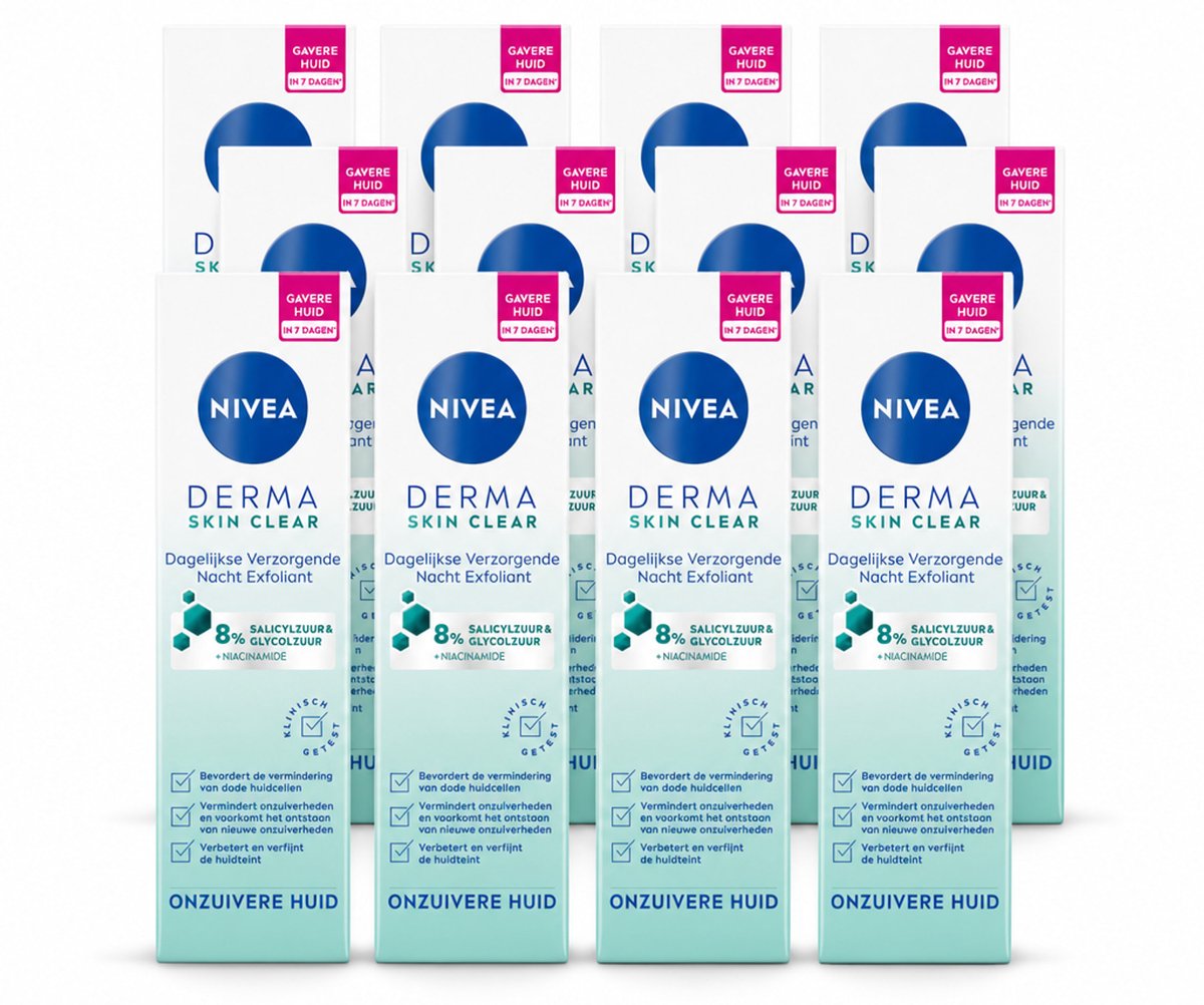 12 x NIVEA - Nacht Exfoliant - DERMA Huidzuiver Dagelijkse Verzorging - Met Salicylzuur (AHA), Glycolzuur & Niacinamide - Tegen Acne & Mee-eters - 40 ml - Voordeelverpakking - 12 stuks