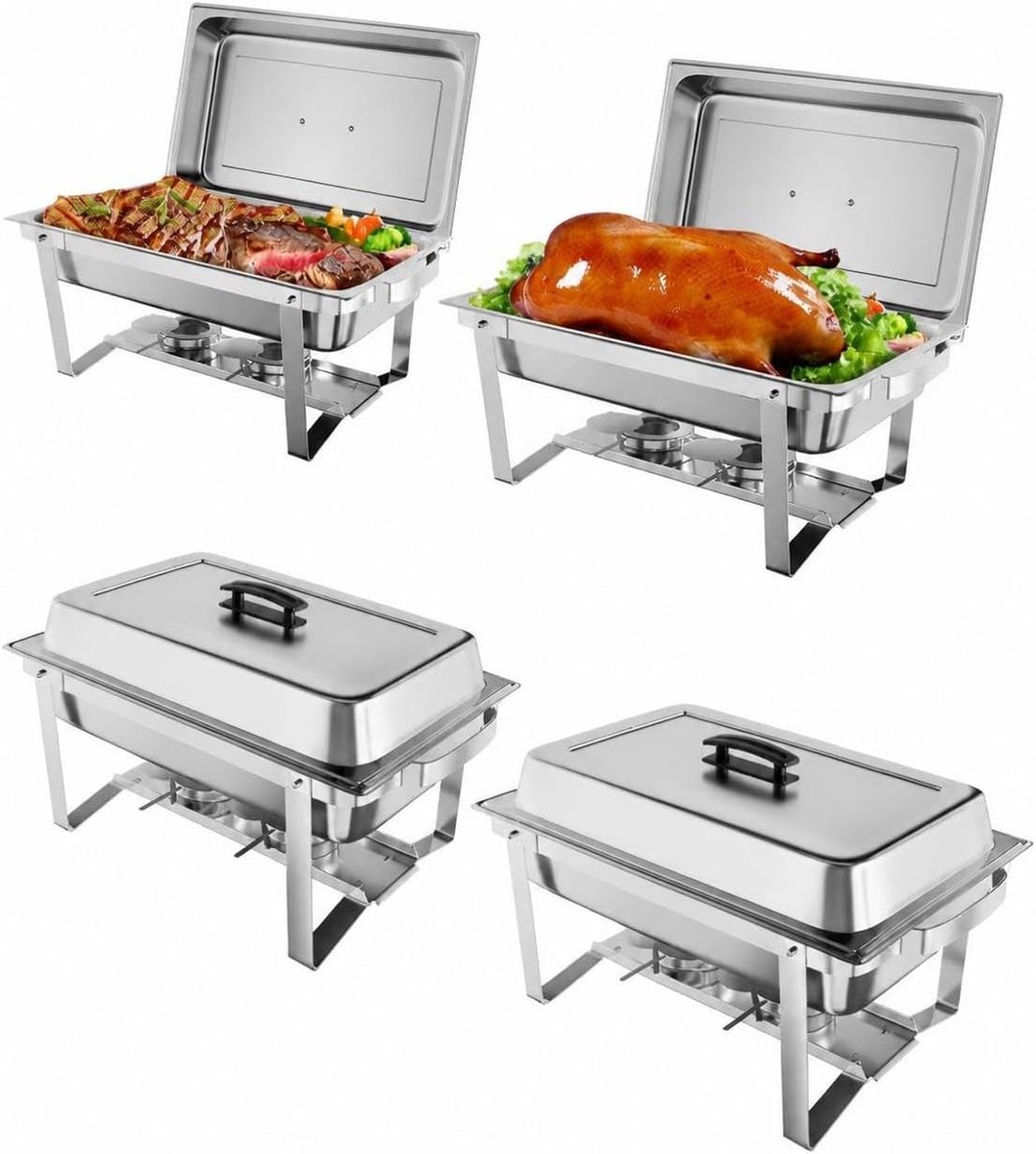 Chafing Dish Set van 4 - 9 Liter Rechthoekige RVS Buffet Warmhouders - Spiegelglans Warmhoudschaal voor Catering, Bruiloft, Feest & Horeca - Voedselveilig met Brandpastahouders