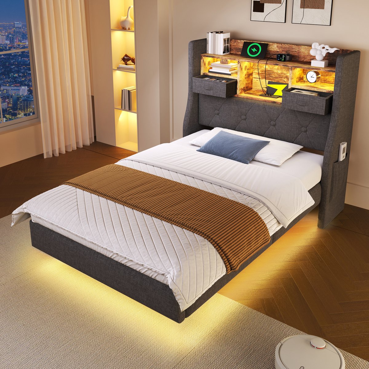 WUVRIE Normaal bed 90x200 cm met LED, USB-C en opbergruimte in hoofdbord, grijs