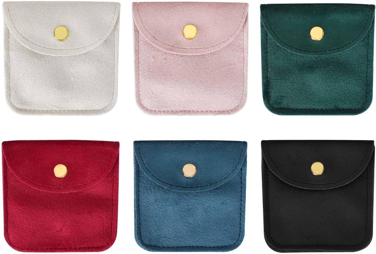 Set van 6 fluwelen zakjes met drukknoop, sieraden pouch, cadeauzak voor ringen, armbanden, kettingen en oorbellen, 8 x 8 cm, ideaal voor organiseren en opbergen