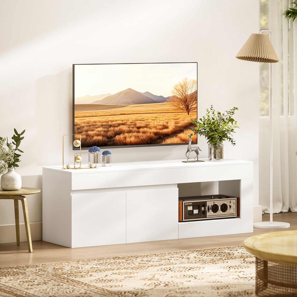 ECTEATOY TV-meubel met 2 deuren - open vak en opbergruimte - voor tv's tot 60 inch - wit - 140 x 40 x 48 cm