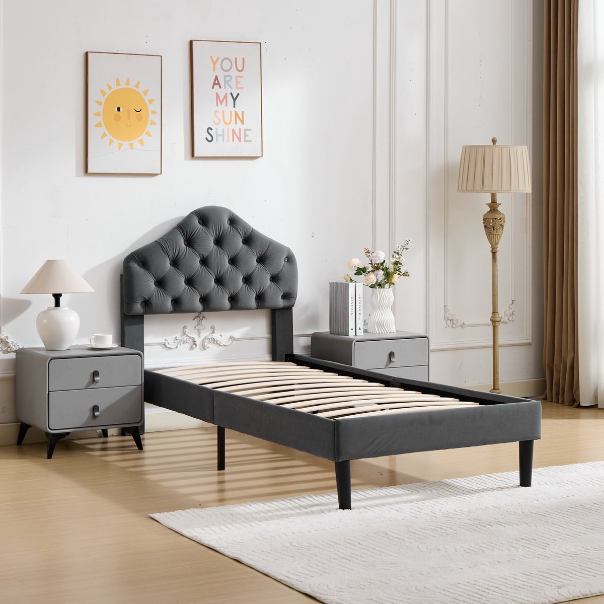 WUVRIE Gestoffeerd bedframe 90x200 cm met verstelbaar hoofdeinde, lattenbodem en grijs velours
