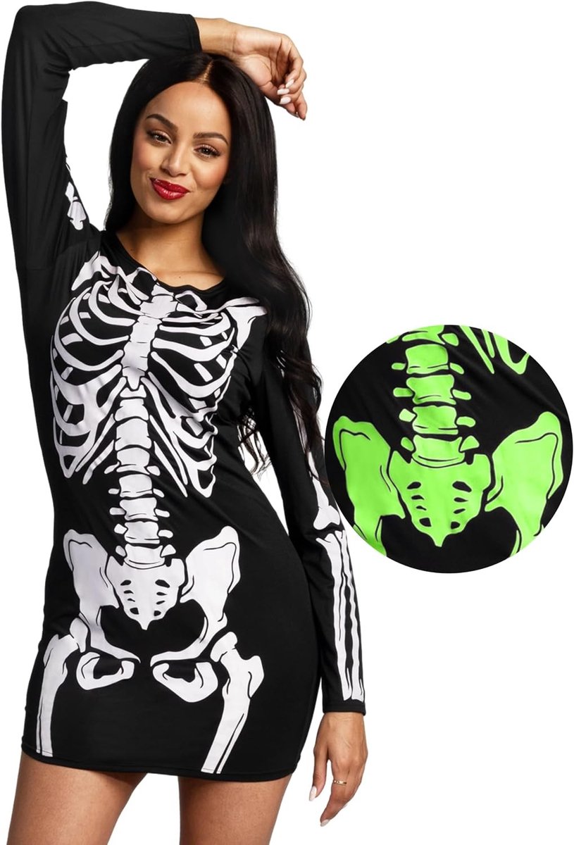 Zwart Skelet Kostuum voor Volwassenen, Donkere Jurk voor Halloween, Feestoutfit en Cosplay Accessoire