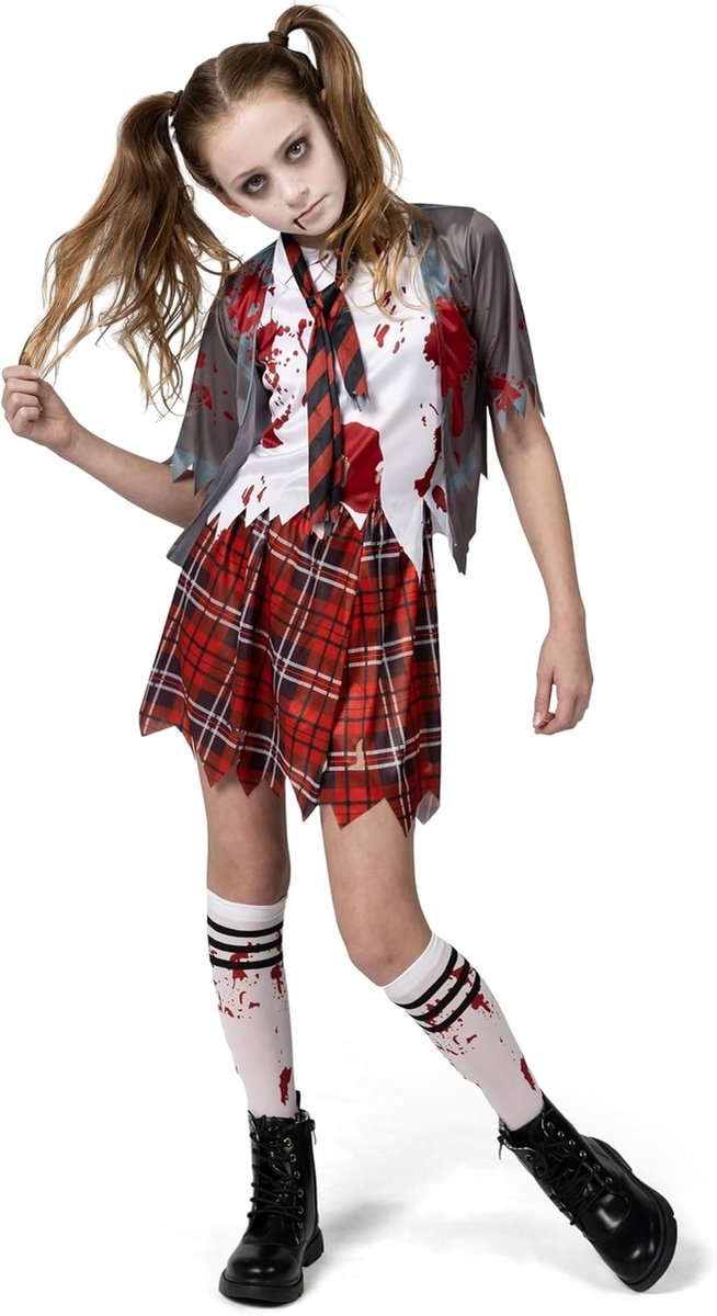 Zombie Schoolgirl Kostuum voor Kinderen - Bloederig Halloween Kostuum voor Feesten en Evenementen, Perfect voor School en Verkleedpartijen