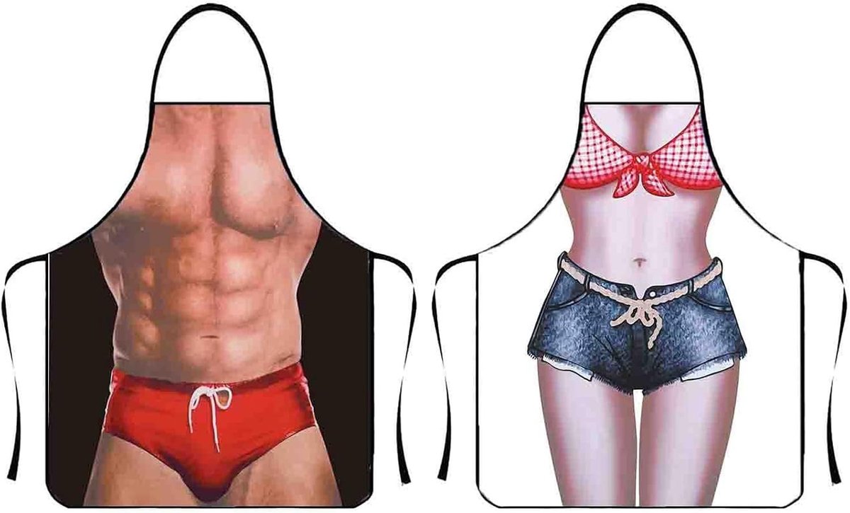 2 Stuks Unieke Keuken Schorten voor Stellen, Met Spetterende Ontwerpen van Spierbundel en Sexy Vrouw, Verstelbaar en Waterdicht voor Koken, BBQ en Feestjes