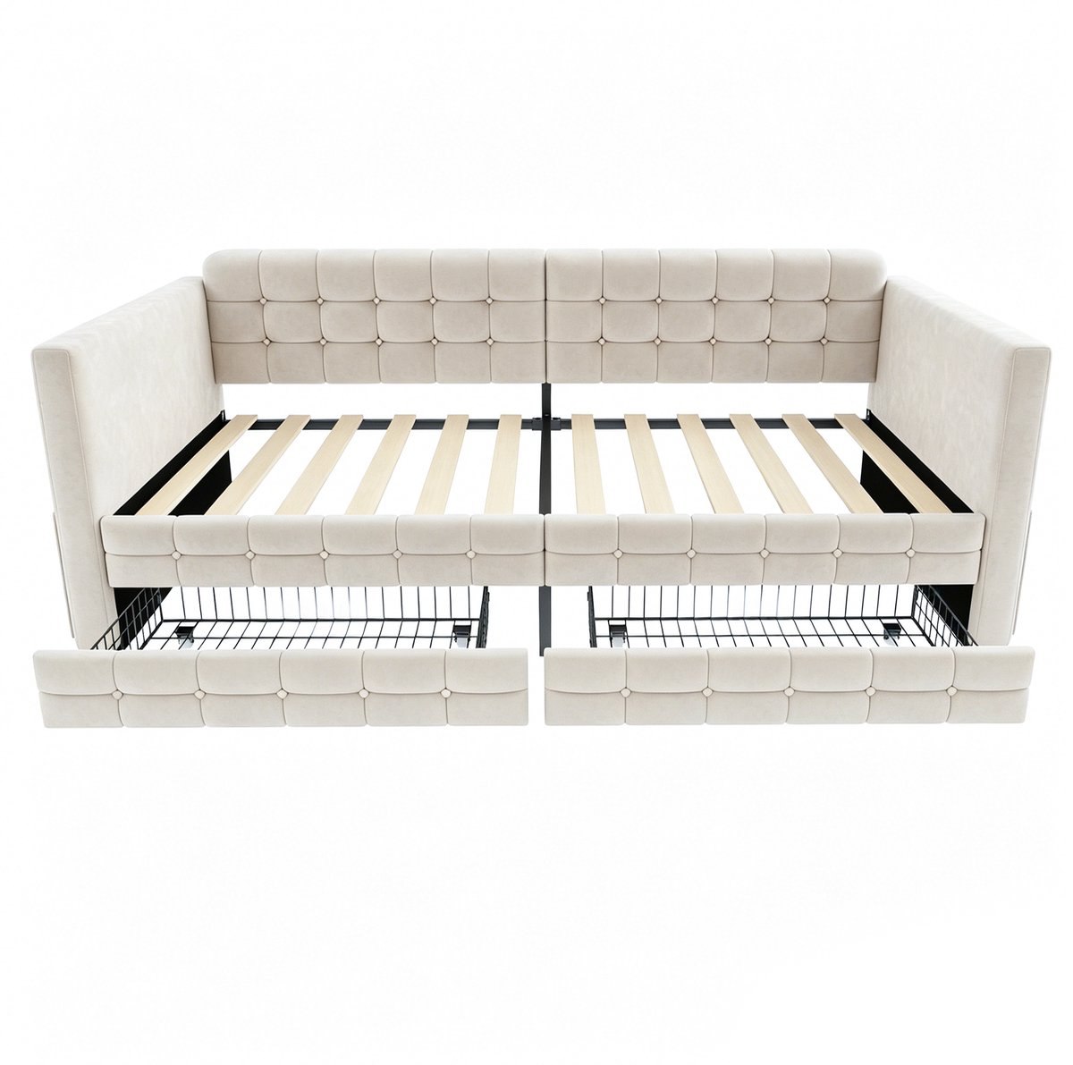 WUVRIE Slaapbank 90x190 cm met 2 lades en zijvakken, velours in beige