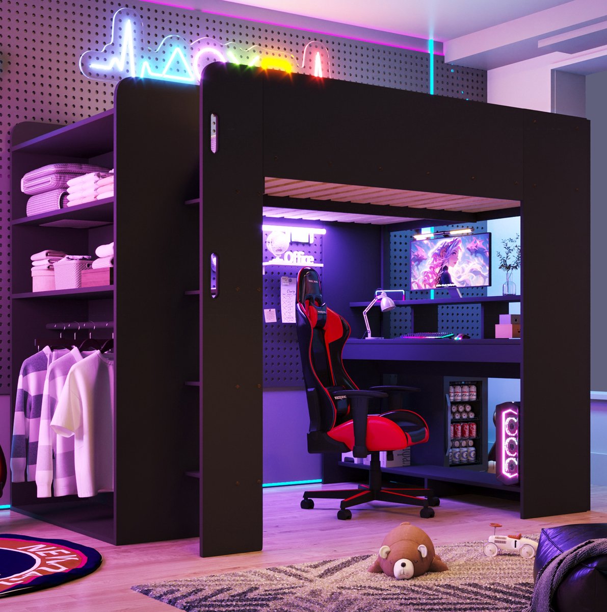 REDOM - Hoogslaper - Met bureau en kast - Met meerlagige opbergruimte en LED-verlichting - Gamingstijl - Slaapkamer of gamingkamer - MDF - Zwart - 243 x 147 x 170 cm