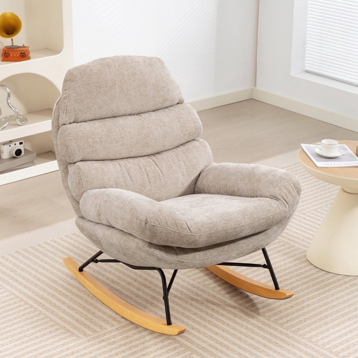 MODFU-Schommelstoel-Crème Wit-Polyester-Houten En Metalen Onderstel