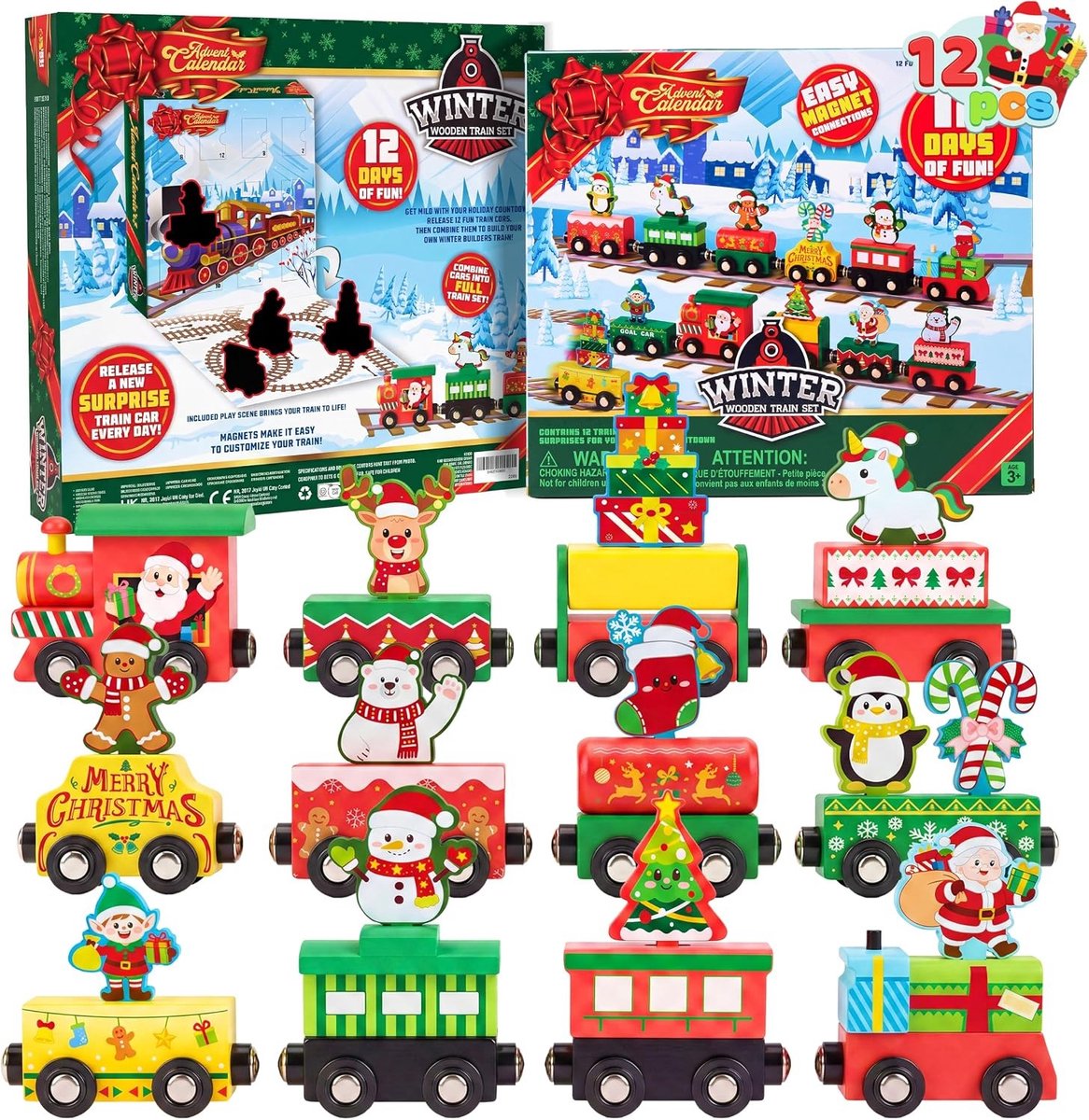 2025 Adventskalender voor Kerstmis met 12-dagen aftelling en houten treinwagens, perfect als cadeau voor jongens en als beloning in de klas.
