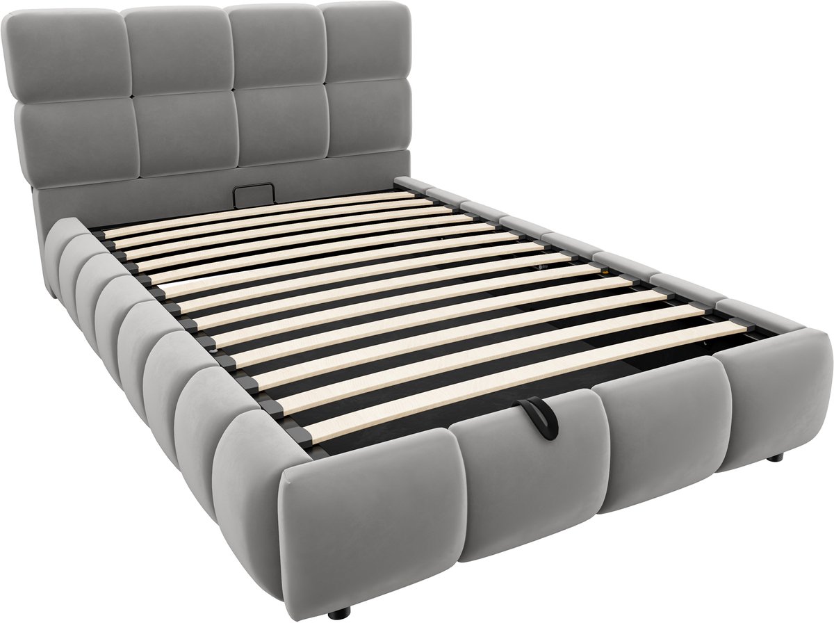 WUVRIE Gestoffeerd bed 90x200 cm met LED en hydraulische opbergruimte, grijs