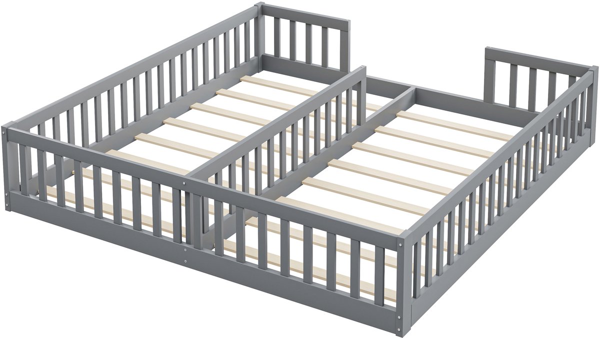 WUVRIE Kinderbed 90x200 cm met veiligheidshekken en lattenbodem, grijs