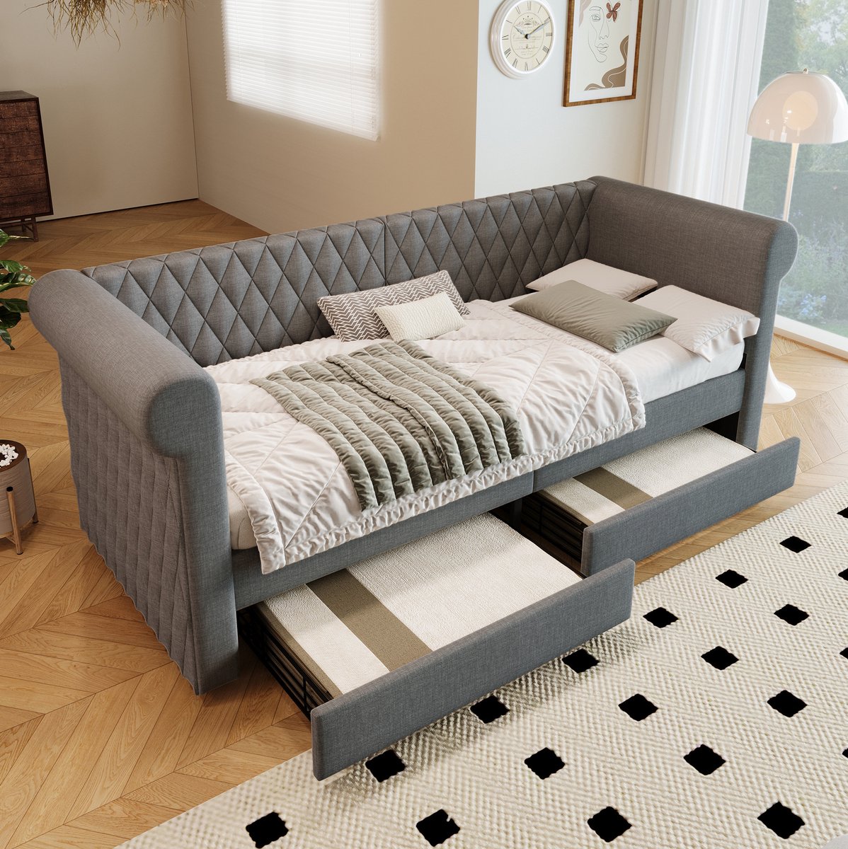 COVREO Bedbank met 2 opberglades – 90x200 cm – Slaapbank met lattenbodem – voor slaapkamer en logeerkamer – Grijs - zonder matras