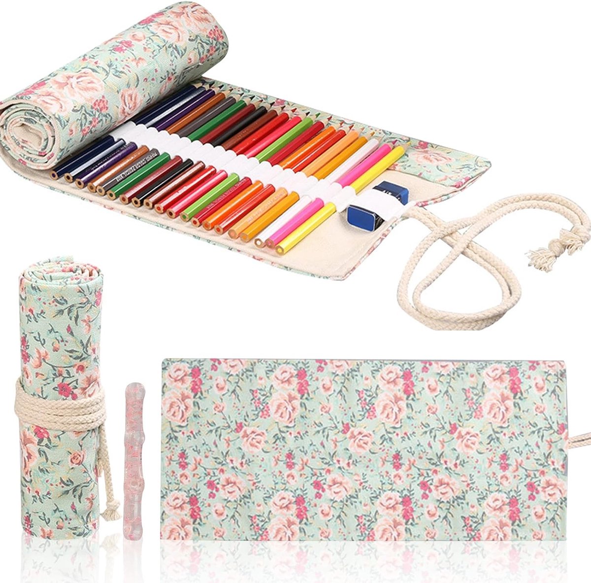 Canvas schilderij penseel met penseelhouder, bloemenpatroon, penseeltas, etui, rollertas, 36 vakken, 46 x 20 cm, ideaal voor kunstenaars en hobbyisten