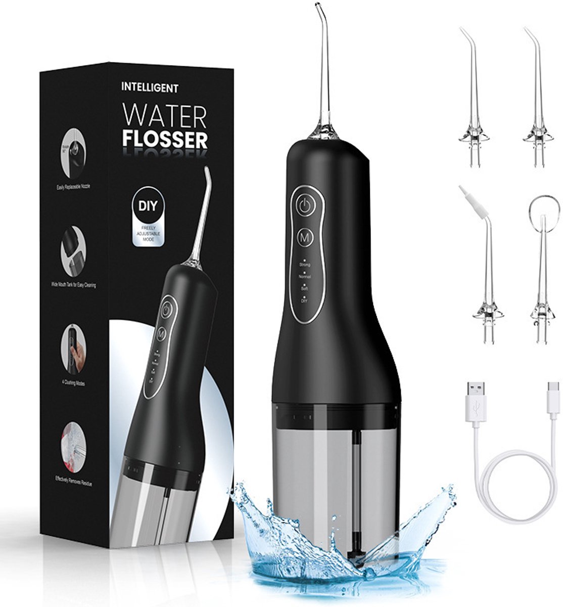 Waterflosser, Draadloze Monddouche met 5 Opzetstukken en 4 Reinigingsstanden, 260 ml Waterreservoir, IPX7 Waterbestendig, Draagbare Mondirrigator voor Dagelijkse Mondverzorging, Thuis en Reizen-Zwart
