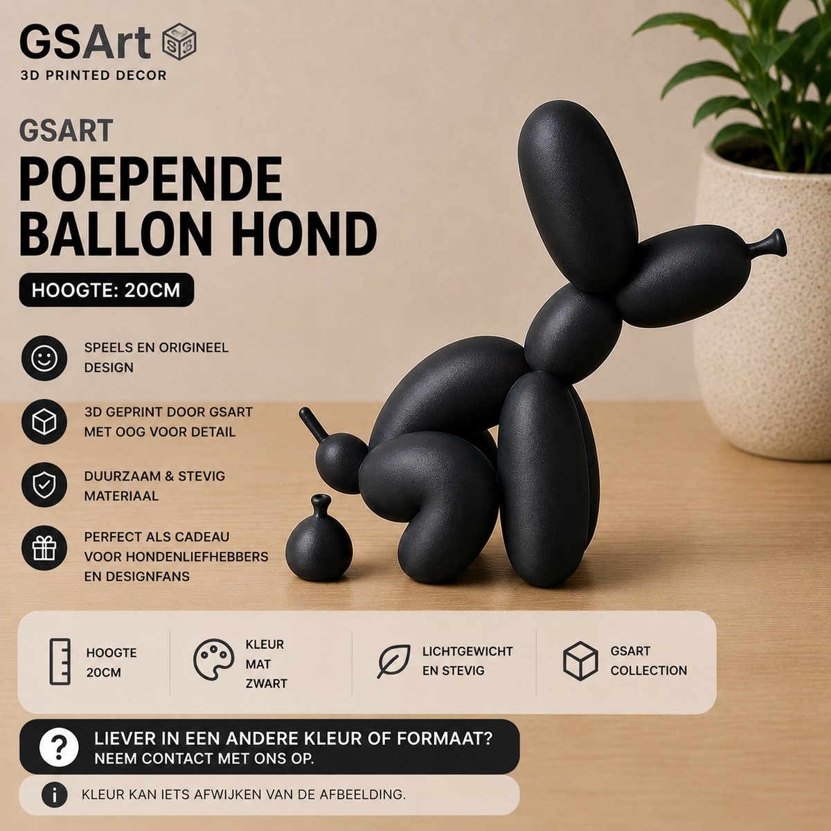 GSArt Decoratief Beeld Poepende Ballon Hond – Grappige Woondecoratie - 20cm Mat Zwart