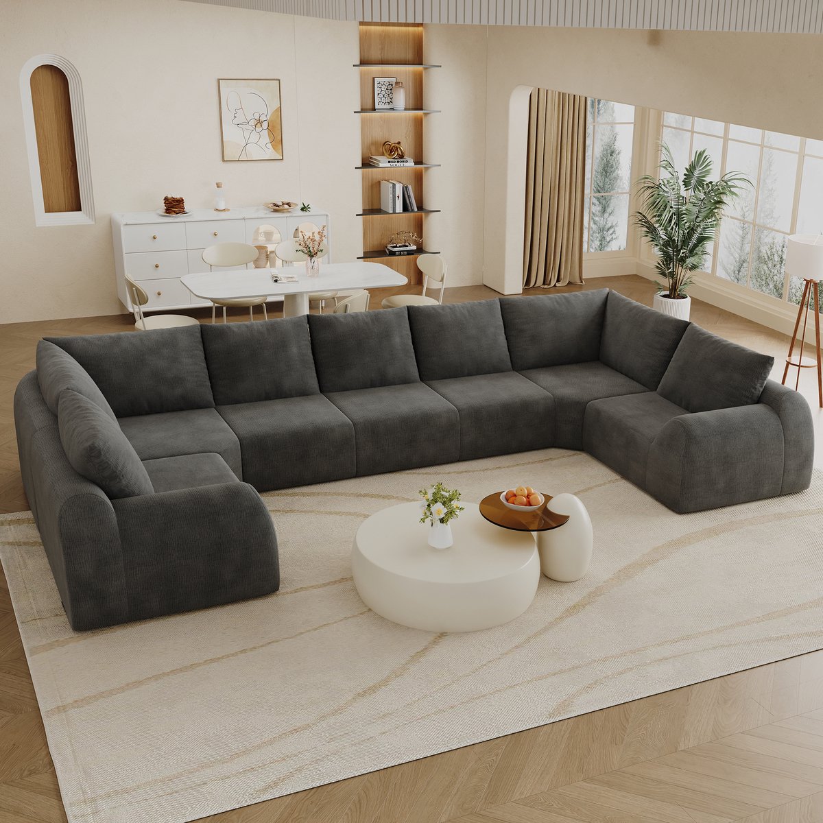 REDOM - 411cm U-Bank Donker Grijs Chenille Hoekbank - 7-Zits Bank - Geen Montage - Boneless Sofa - Kompressions Sofa