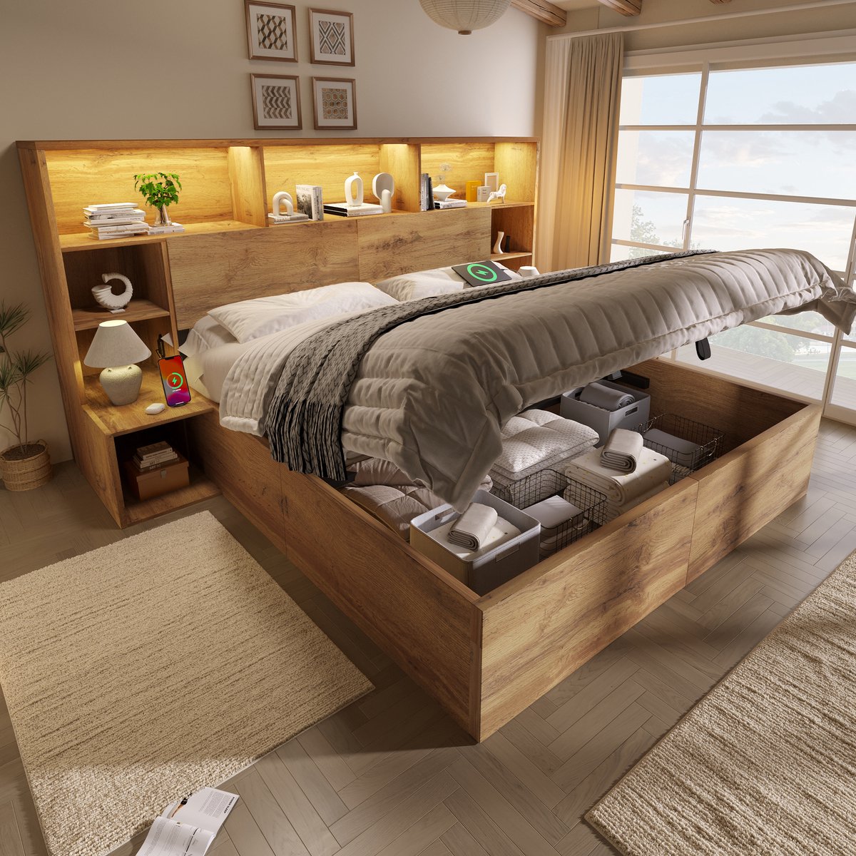 Clruro Opbergbed - 160x200 cm - Hydraulisch zonder Matras - LED, USB-C en Nachtkastjes - MDF - Eiken
