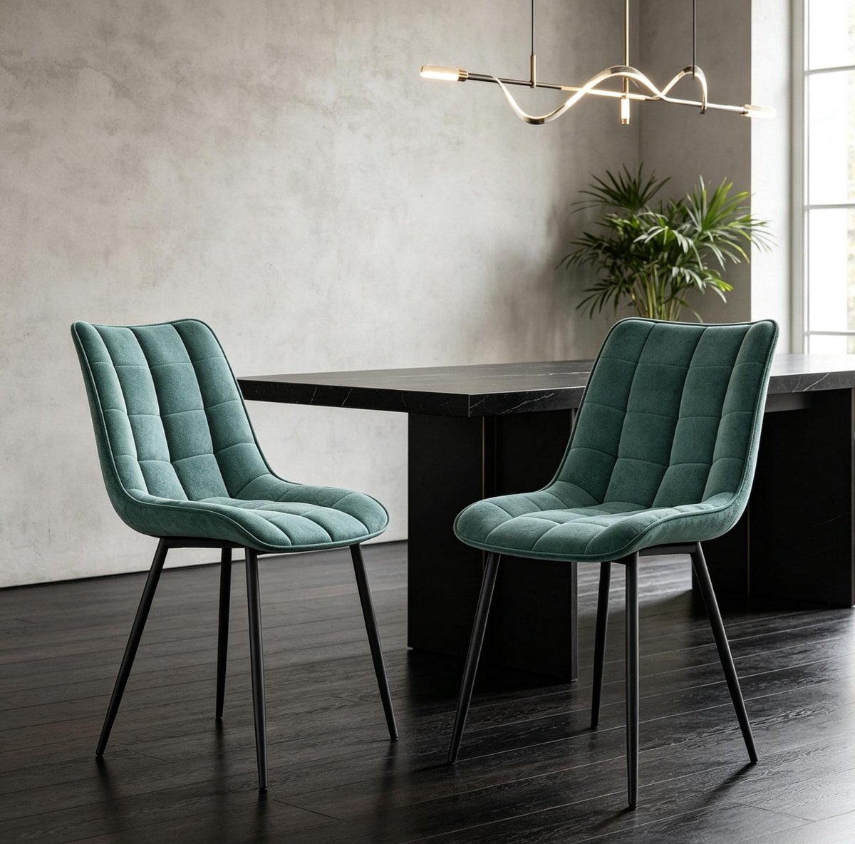 DESMIU Eetkamerstoel 85,5 Cm - Set Van 2 - Velvet Met Gestikt Patroon En Metalen Poten - Voor Eetkamer, Woonkamer En Bureau - Teal Blue
