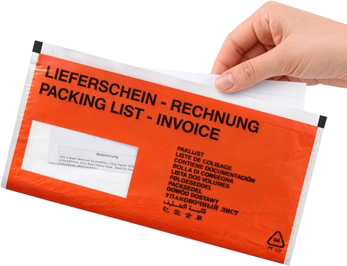 Self-adhesieve zakken DL rood lang 131x239mm voor verzenddocumenten, facturen en garantiekaarten