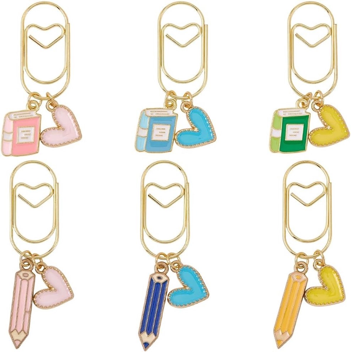 Set van 6 Hartvormige Paperclips, Schattige Decoratieve Clips voor Documenten, Boeken en Bladwijzers, Emailleren Metaal voor Organisatie