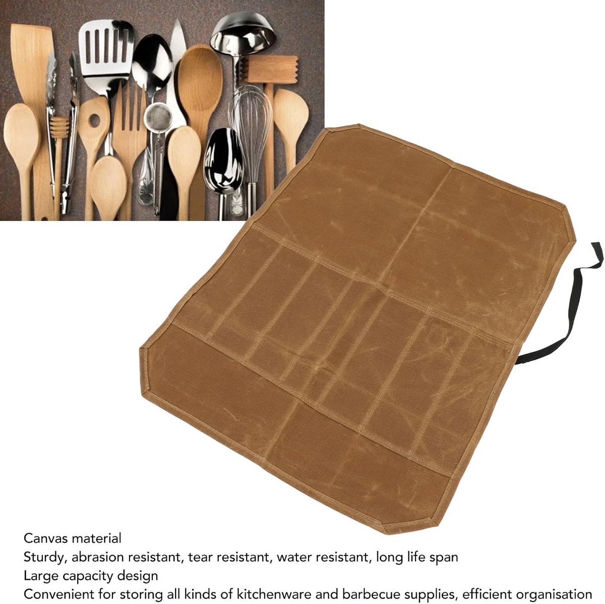 Draagbare messentas met 7 vakken van gewaxed canvas, waterdicht en ideaal voor koks tijdens het reizen, inclusief keukengerei en accessoires