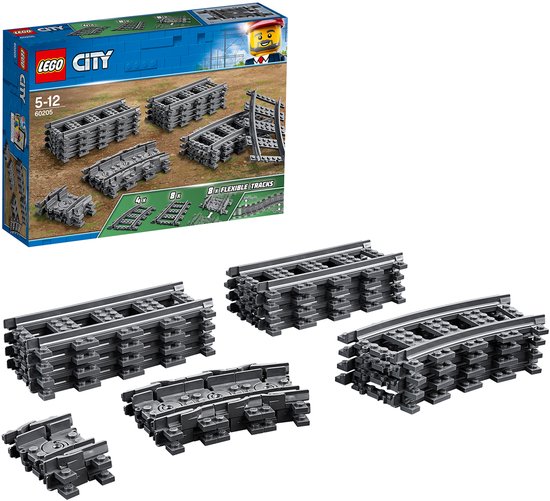LEGO City treinrails: 4x rechte rails, 8x bochtrails, 8x flexibele rails en wisselstukken.