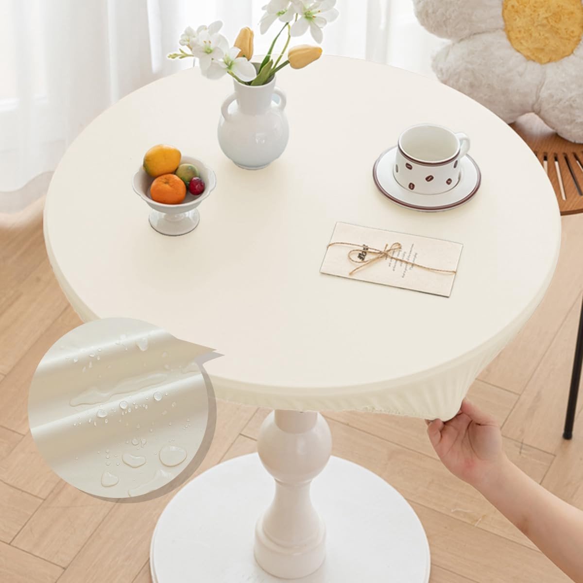 Ronde Tafelkleed voor Buiten - Waterdicht, Wasbaar en Elastisch - Perfect voor Tuin en Terras (Beige, Diameter 90cm)