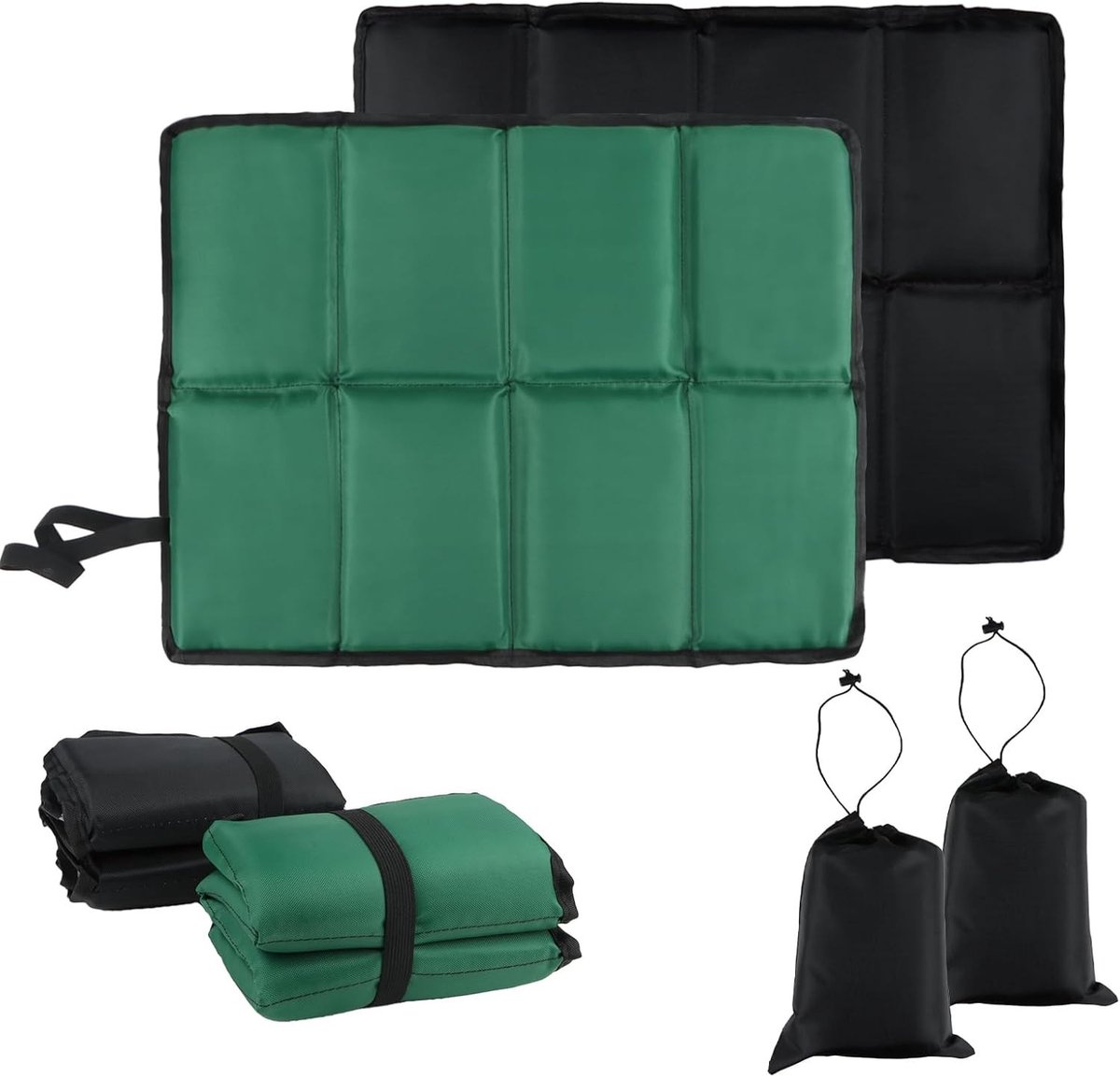 Set van 2 Vouwbare Isothermische Zitkussens met Draagtas en Carabinerhaken voor Wandelen, Picknicken en Reizen, Lichtgewicht en Compact (Zwart/Groen)